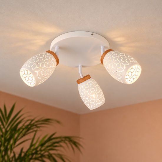 Plafoniera con 3 faretti moderna bianca con effetto legno decoro traforato