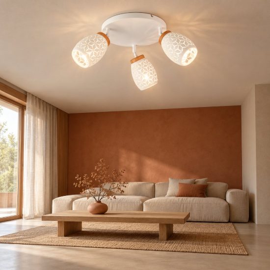 Plafoniera con 3 faretti moderna bianca con effetto legno decoro traforato