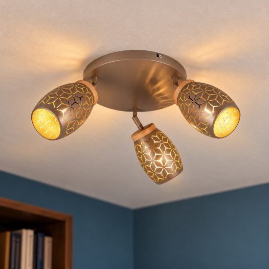 Plafoniera con 3 faretti moderna caffe oro con effetto legno decoro traforato