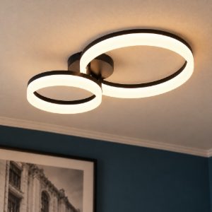 Plafoniera led 22w 3000k per soggiorno moderna nera a 2 anelli