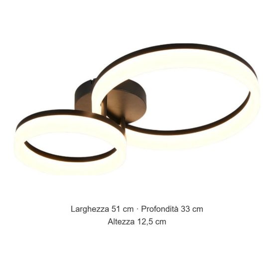 Plafoniera led 22w 3000k per soggiorno moderna nera a 2 anelli