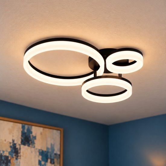 Plafoniera led 32w 3000k per soggiorno moderna nera a 3 anelli
