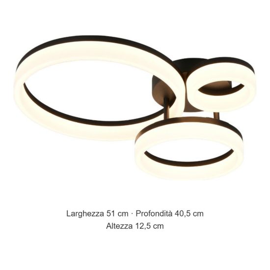 Plafoniera led 32w 3000k per soggiorno moderna nera a 3 anelli