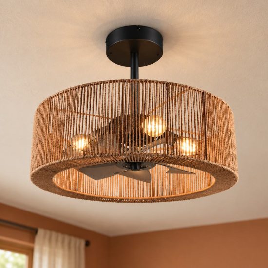 Ventilatore da soffitto con luce 4 luci con telecomando con paralume in canapa naturale