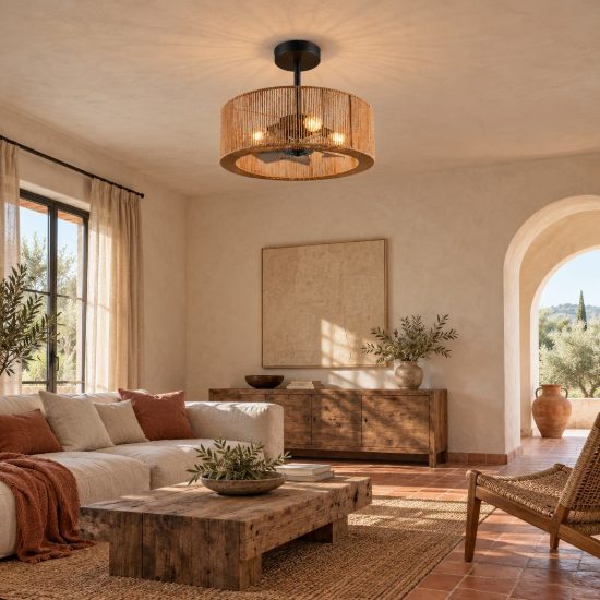 Ventilatore da soffitto con luce 4 luci con telecomando con paralume in canapa naturale