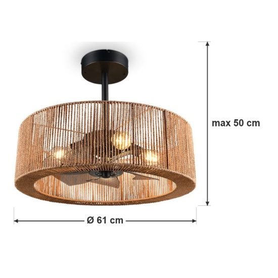 Ventilatore da soffitto con luce 4 luci con telecomando con paralume in canapa naturale