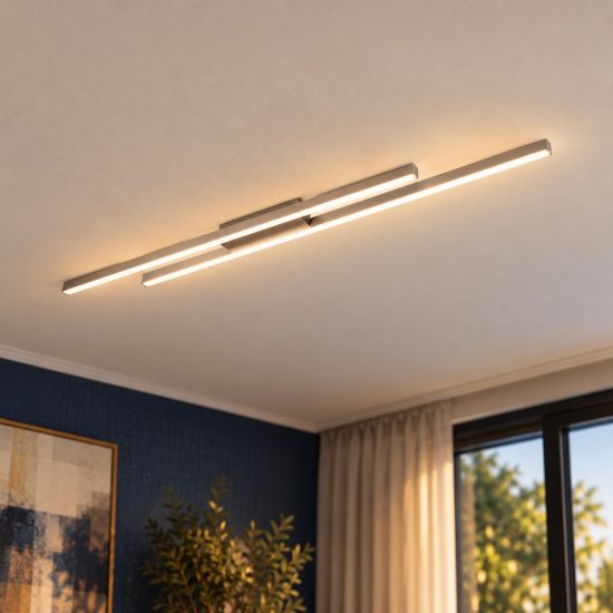Plafoniera led 22w 3000k per soggiorno moderna lineare nichel opaco con 2 bacchette