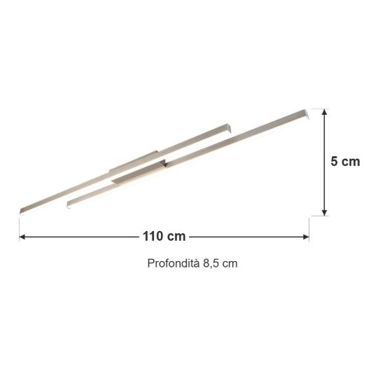 Plafoniera led 22w 3000k per soggiorno moderna lineare nichel opaco con 2 bacchette