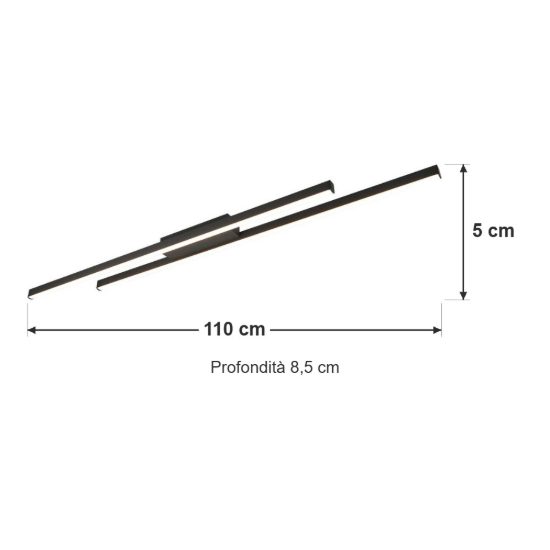 Plafoniera led 22w 3000k per soggiorno moderna lineare nera con 2 bacchette