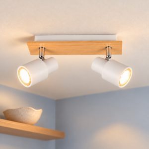 Plafoniera con 2 faretti orientabili moderna in metallo bianco opaco legno naturale