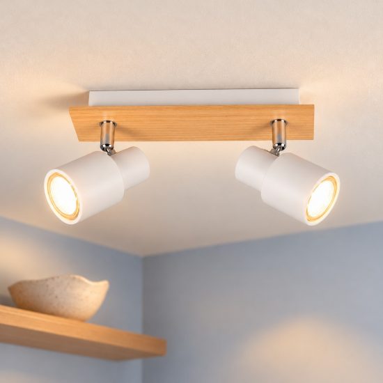 Plafoniera con 2 faretti orientabili moderna in metallo bianco opaco legno naturale