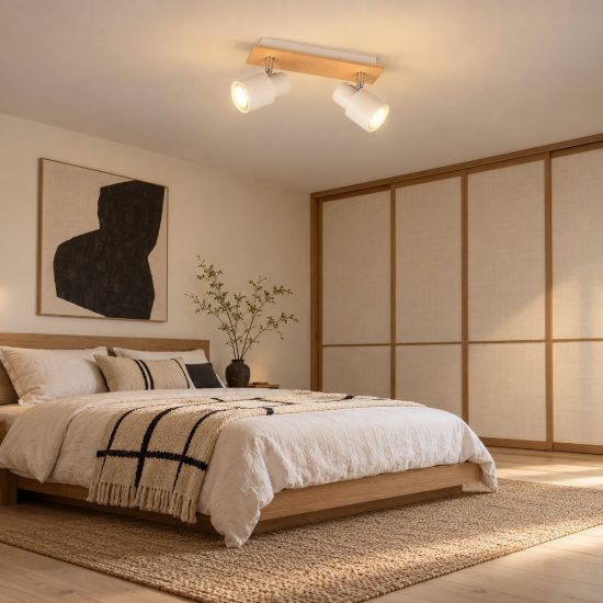 Plafoniera con 2 faretti orientabili moderna in metallo bianco opaco legno naturale