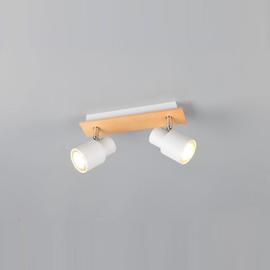 Plafoniera con 2 faretti orientabili moderna in metallo bianco opaco legno naturale