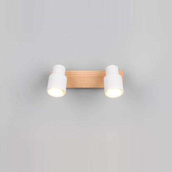 Plafoniera con 2 faretti orientabili moderna in metallo bianco opaco legno naturale