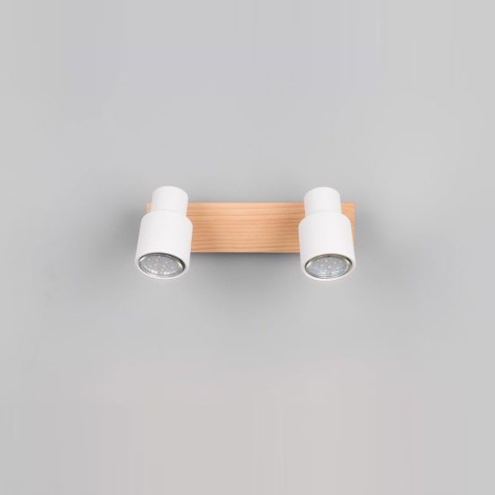 Plafoniera con 2 faretti orientabili moderna in metallo bianco opaco legno naturale