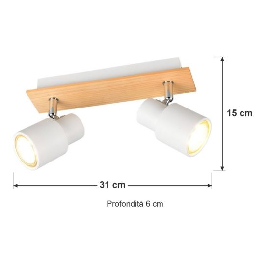 Plafoniera con 2 faretti orientabili moderna in metallo bianco opaco legno naturale