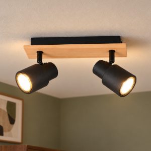 Plafoniera con 2 faretti orientabili moderna in metallo nero opaco legno naturale