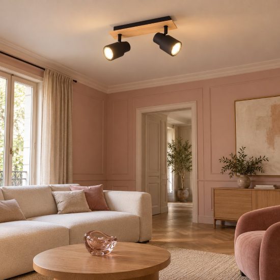 Plafoniera con 2 faretti orientabili moderna in metallo nero opaco legno naturale