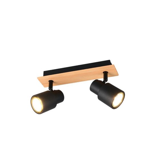 Plafoniera con 2 faretti orientabili moderna in metallo nero opaco legno naturale