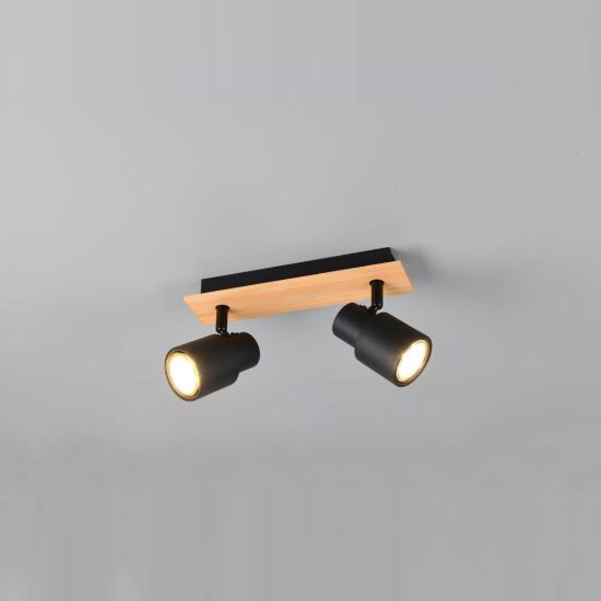 Plafoniera con 2 faretti orientabili moderna in metallo nero opaco legno naturale