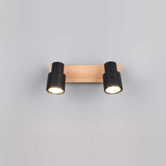 Plafoniera con 2 faretti orientabili moderna in metallo nero opaco legno naturale