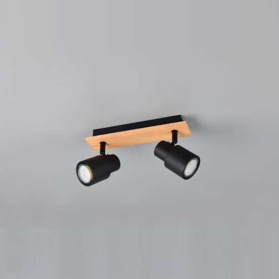 Plafoniera con 2 faretti orientabili moderna in metallo nero opaco legno naturale