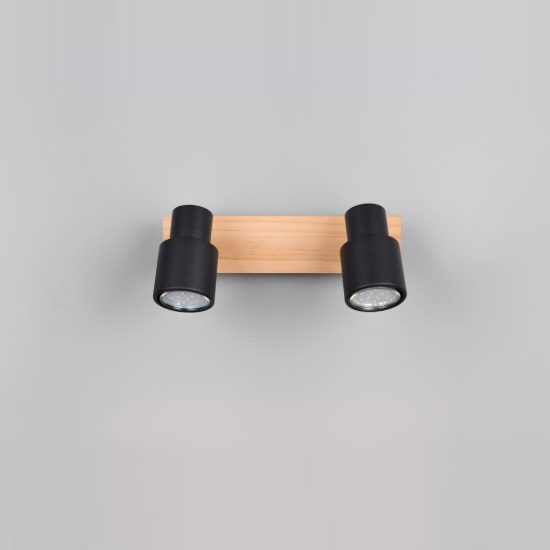 Plafoniera con 2 faretti orientabili moderna in metallo nero opaco legno naturale