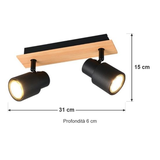 Plafoniera con 2 faretti orientabili moderna in metallo nero opaco legno naturale