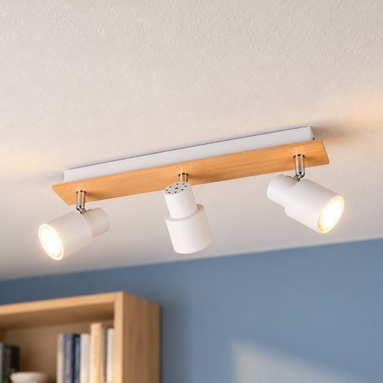 Plafoniera con 3 faretti orientabili moderna in metallo bianco opaco legno naturale