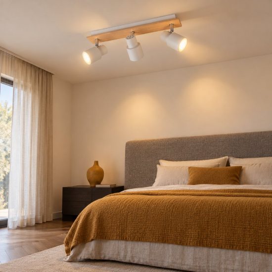 Plafoniera con 3 faretti orientabili moderna in metallo bianco opaco legno naturale