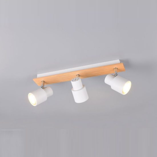 Plafoniera con 3 faretti orientabili moderna in metallo bianco opaco legno naturale