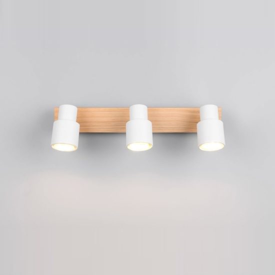 Plafoniera con 3 faretti orientabili moderna in metallo bianco opaco legno naturale