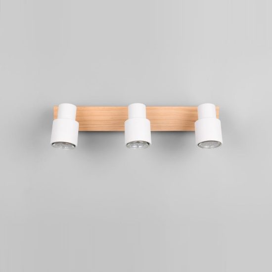 Plafoniera con 3 faretti orientabili moderna in metallo bianco opaco legno naturale