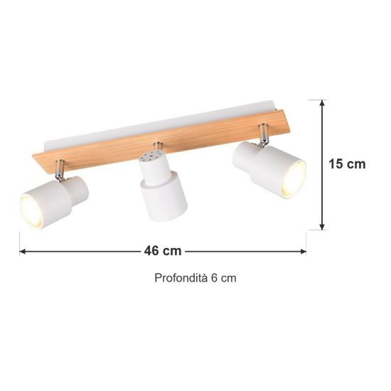 Plafoniera con 3 faretti orientabili moderna in metallo bianco opaco legno naturale