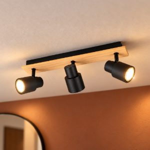 Plafoniera con 3 faretti orientabili moderna in metallo nero opaco legno naturale