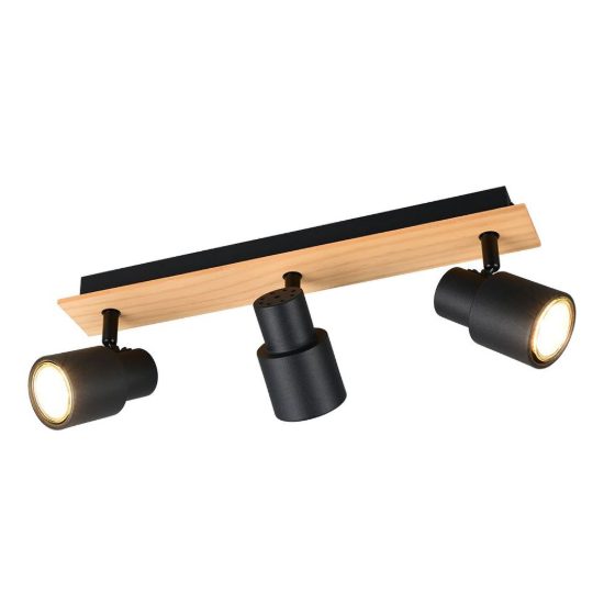 Plafoniera con 3 faretti orientabili moderna in metallo nero opaco legno naturale