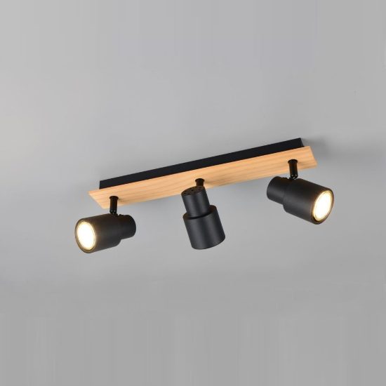 Plafoniera con 3 faretti orientabili moderna in metallo nero opaco legno naturale