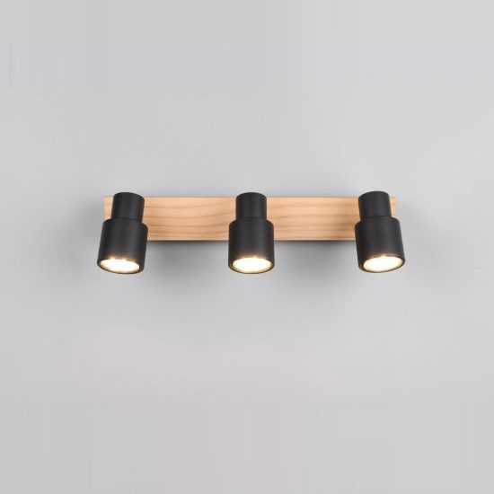 Plafoniera con 3 faretti orientabili moderna in metallo nero opaco legno naturale