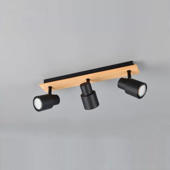 Plafoniera con 3 faretti orientabili moderna in metallo nero opaco legno naturale