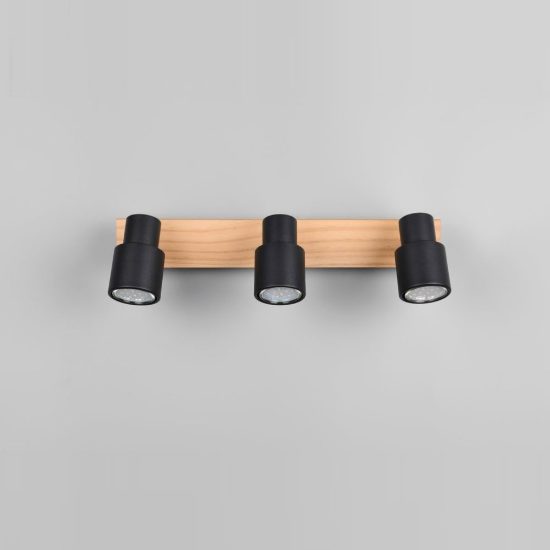Plafoniera con 3 faretti orientabili moderna in metallo nero opaco legno naturale