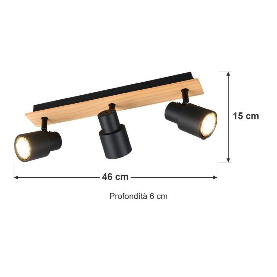 Plafoniera con 3 faretti orientabili moderna in metallo nero opaco legno naturale