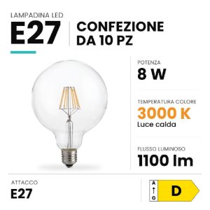 Ideal lux lampadina led e27 a globo 12,5cm 8w 3000k trasparente confezione 10 pezzi
