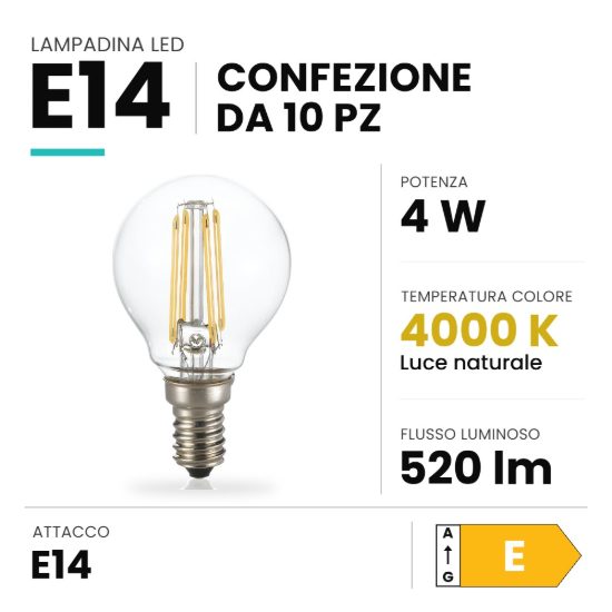 Ideal lux lampadina led e14 a sfera 4w 4000k trasparente confezione 10 pezzi