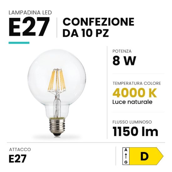 Ideal lux lampadina led e27 a globo 9,5cm 8w 4000k trasparente confezione 10 pezzi