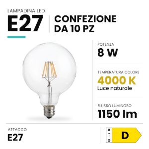 Ideal lux lampadina led e27 a globo 12,5cm 8w 4000k trasparente confezione 10 pezzi