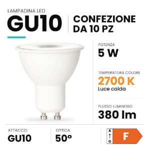 Ideal lux lampadina led gu10 spot 5w 2700k bianca confezione 10 pezzi