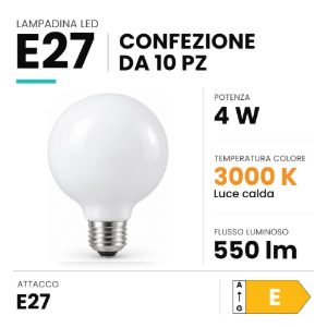 Ideal lux lampadina led e27 a globo 9,5cm a filamento 4w 3000k bianca confezione 10 pezzi