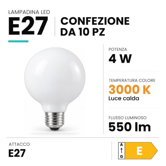 Ideal lux lampadina led e27 a globo 9,5cm a filamento 4w 3000k bianca confezione 10 pezzi