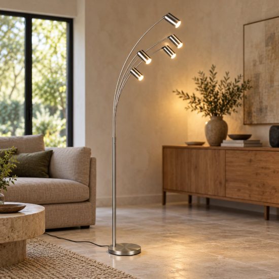 Piantana 5 luci per soggiorno moderna nichel opaco con faretti orientabili