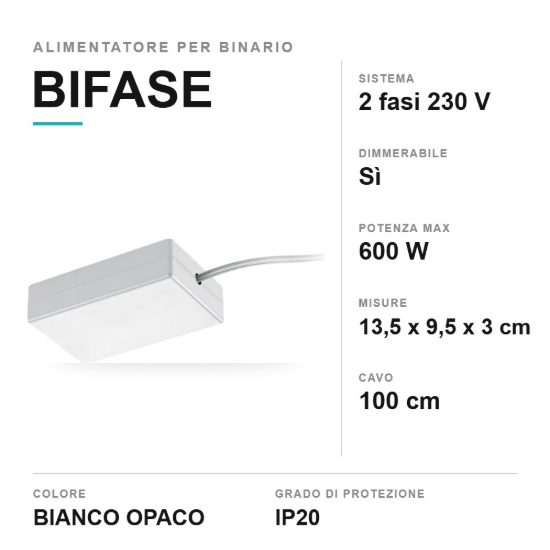 Alimentatore dimmerabile per binario bifase max 600w con cavo bianco